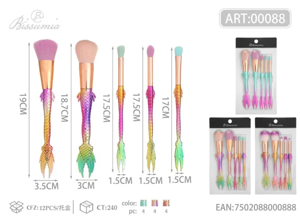 Juego de 5 brochas de maquillaje con mango de sirena, colores surtidos