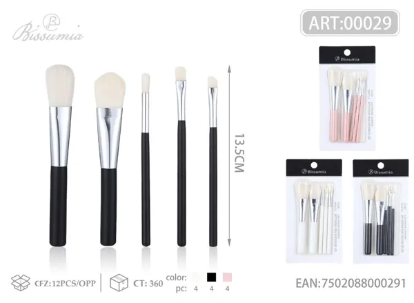 Set de 5 brochas de maquillaje con mango de madera, 13.5 cm