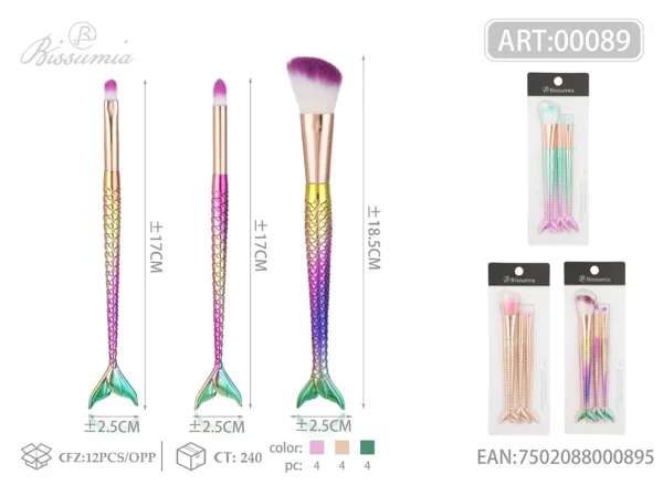 Set de brochas de maquillaje con mango de sirena, 3 piezas