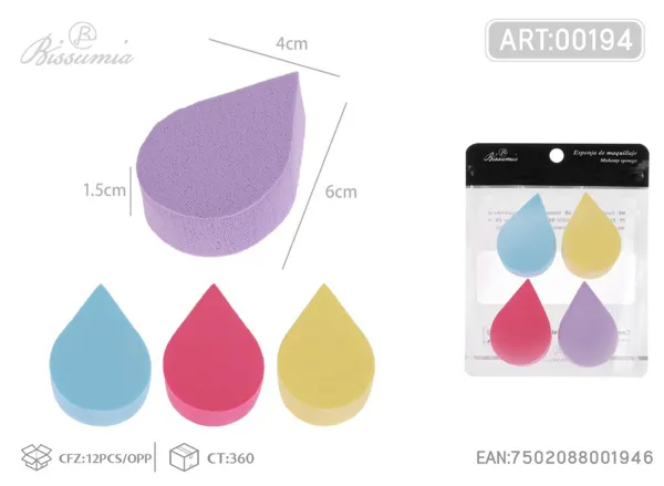 Esponja de maquillaje en forma de gota, colores surtidos, paquete de 4 piezas