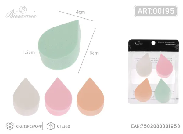 Esponja de maquillaje en forma de gota, colores surtidos, paquete de 4 piezas