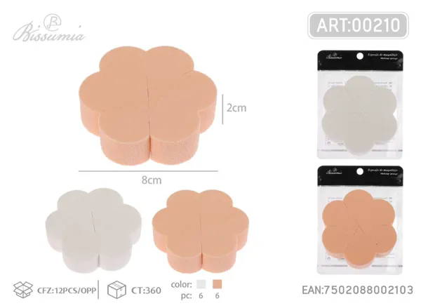 Esponja de maquillaje en forma de flor, color liso, paquete de 6 piezas