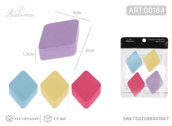 Esponja de maquillaje en forma de diamante, colores surtidos, paquete de 4 piezas