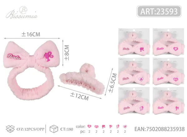 Set de diadema de peluche con lazo estilo Barbie y pinza para cabello, 2 piezas