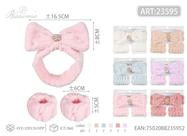 Set de diadema de peluche con lazo, perlas y muñequeras para lavarse la cara, 3 piezas