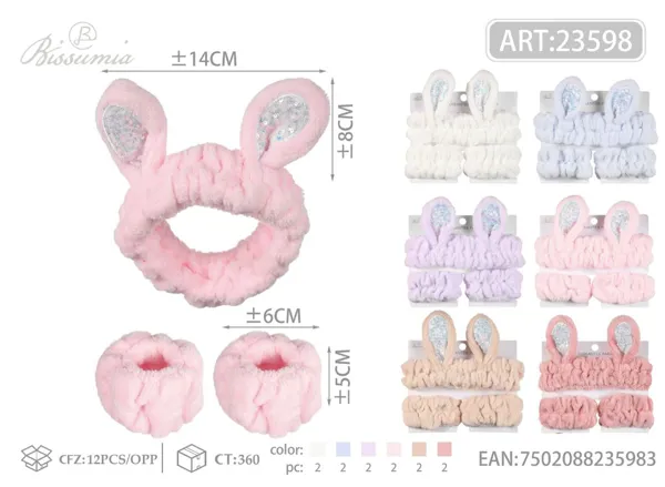Set de diadema de peluche con orejas de conejo y lentejuelas y muñequeras para lavarse la cara, 3 piezas