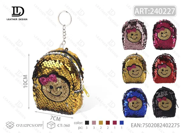 Monedero de lentejuelas tipo mochila con diseño de carita feliz
