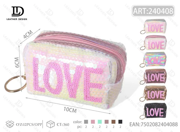 Monedero de lentejuelas con diseño love para dama