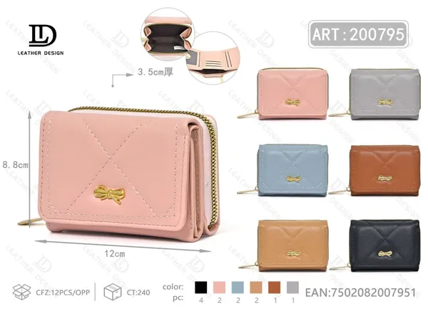 Billetera pequeña de dama trifold con cierre trasero