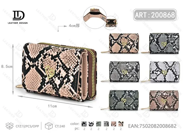Billetera pequeña de dama trifold con cierre trasero estampado piel de serpiente