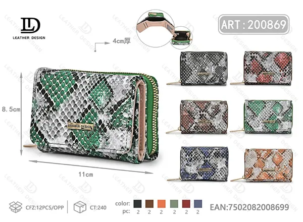 Billetera pequeña de dama trifold con cierre trasero estampado piel de serpiente