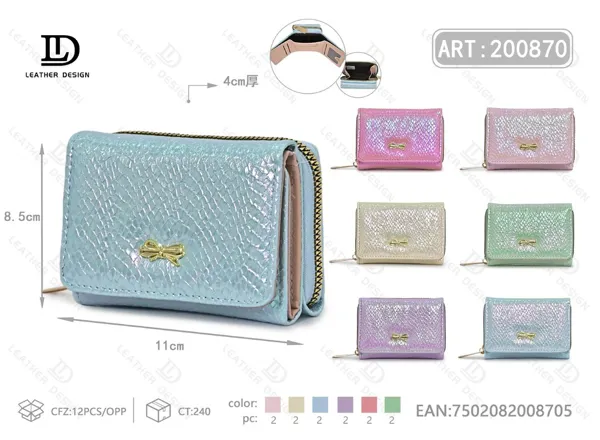 Billetera pequeña de dama trifold con cierre trasero estampado piel de serpiente