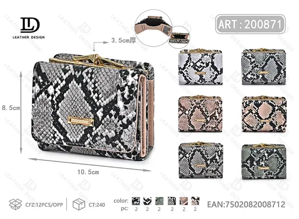 Billetera para dama con estampado de serpiente, tres dobleces y cierre trasero, chica