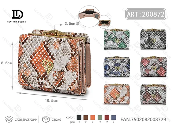 Billetera para dama con estampado de serpiente, tres dobleces y cierre trasero, chica