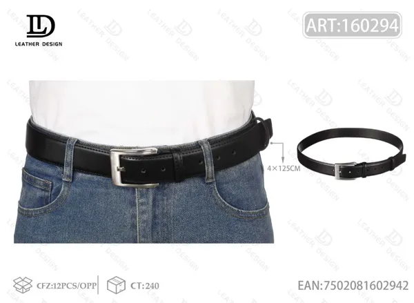 Cinturón de piel genuina para caballero con borde biselado y costura y hebilla de pin con punta cubierta 4.0cm
