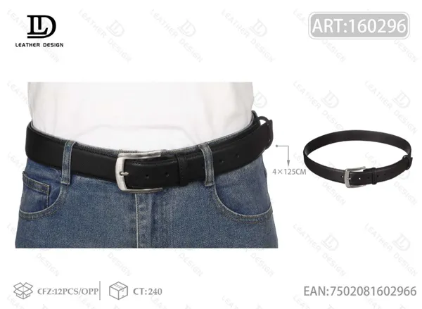 Cinturón de piel genuina plano para caballero con costura y hebilla de pin con punta cubierta 4.0cm