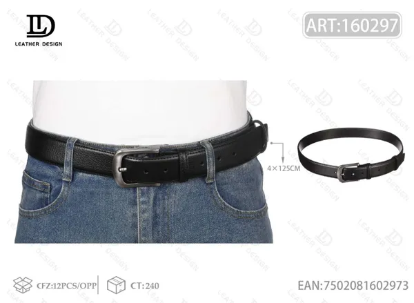 Cinturón de piel genuina para caballero con borde biselado y costura blanca y hebilla de pin con punta cubierta 4.0cm