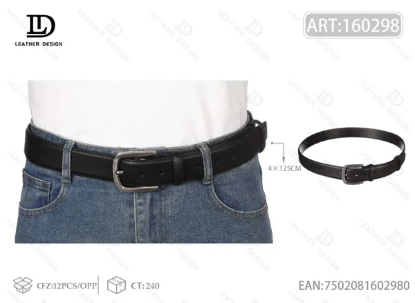 Cinturón de piel genuina plano para caballero con costura y hebilla de pin con punta cubierta 4.0cm
