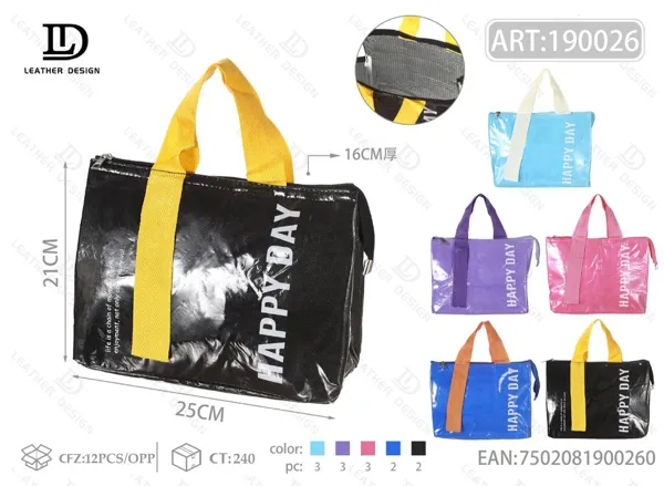 Bolsa térmica de mano de piel brillante con letras