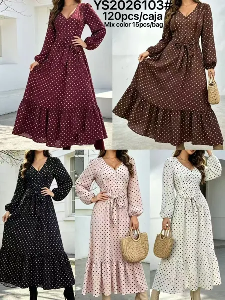 Vestido largo con estampado de lunares