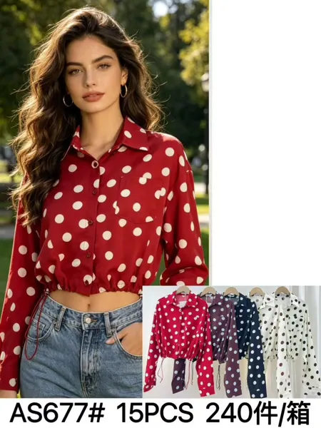 Blusa crop top de botones con estampado de puntos
