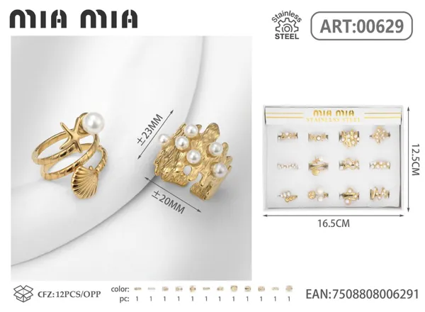 Anillo abierto ajustable de acero inoxidable con perlas, modelos surtidos