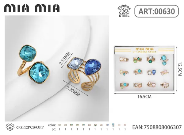 Anillo abierto ajustable de acero inoxidable con cristales, modelos surtidos