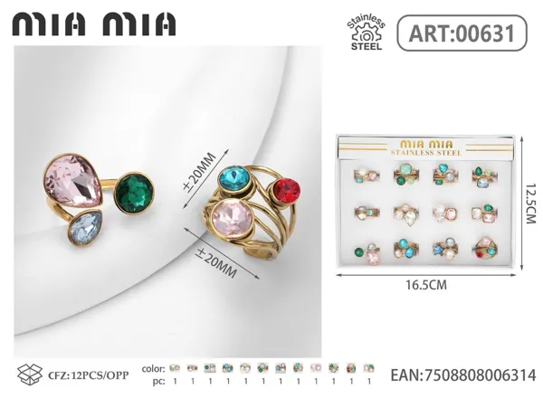 Anillo abierto ajustable de acero inoxidable con cristales, modelos surtidos