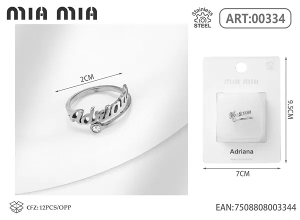 Anillo ajustable de acero inoxidable con nombre Adriana, color acero