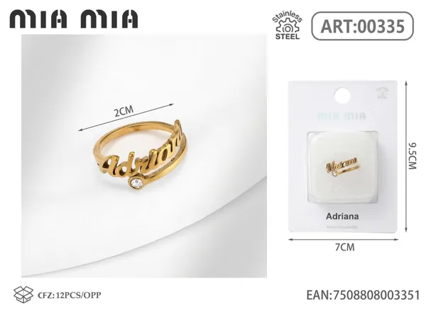 Anillo ajustable de acero inoxidable con nombre Adriana, color dorado