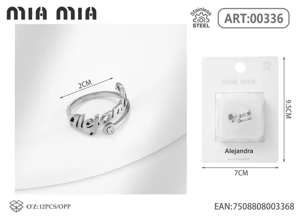 Anillo ajustable de acero inoxidable con nombre Alejandra, color acero