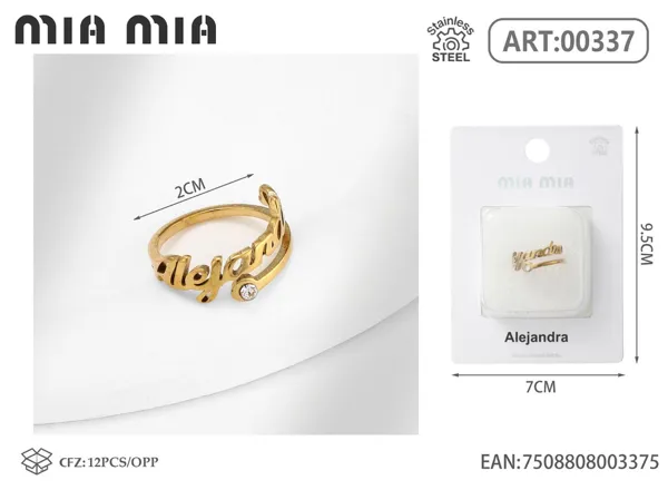 Anillo ajustable de acero inoxidable con nombre Alejandra, color dorado