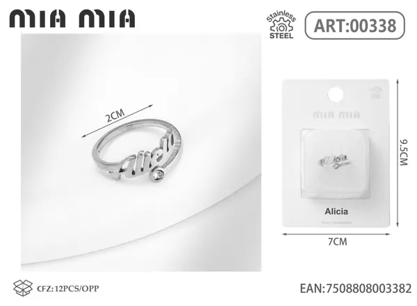 Anillo ajustable de acero inoxidable con nombre Alicia, color acero
