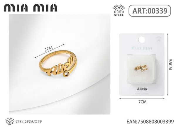 Anillo ajustable de acero inoxidable con nombre Alicia, color dorado