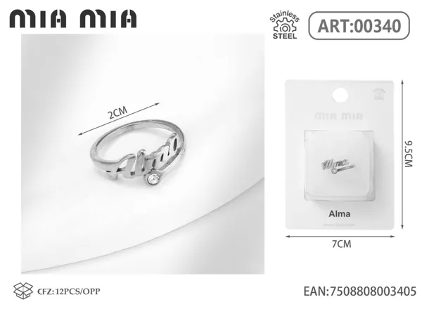 Anillo ajustable de acero inoxidable con nombre Alma, color acero