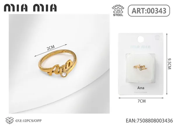 Anillo ajustable de acero inoxidable con nombre Ana, color dorado