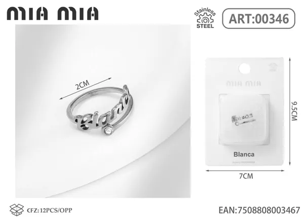 Anillo ajustable de acero inoxidable con nombre Blanca, color acero