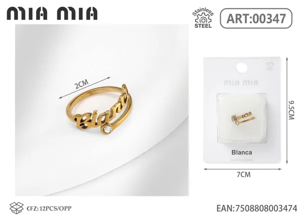 Anillo ajustable de acero inoxidable con nombre Blanca, color dorado