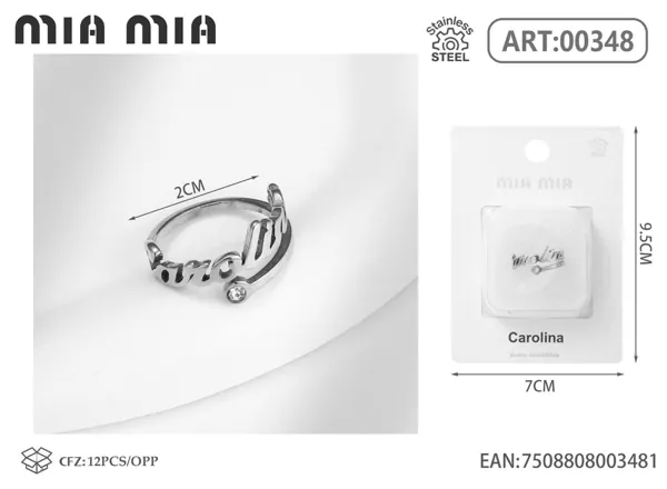 Anillo ajustable de acero inoxidable con nombre Carolina, color acero