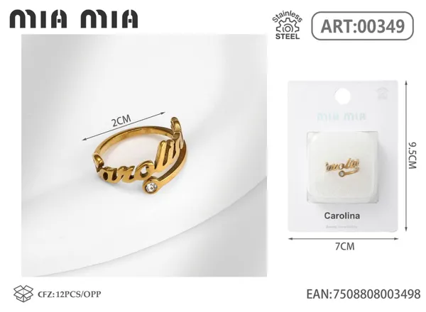 Anillo ajustable de acero inoxidable con nombre Carolina, color dorado