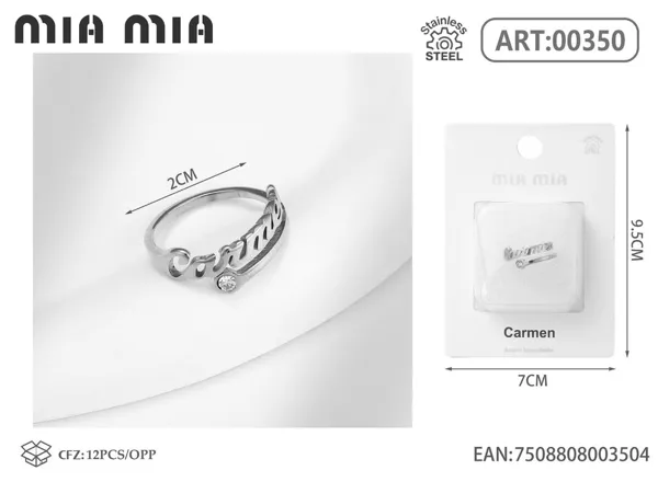 Anillo ajustable de acero inoxidable con nombre Carmen, color acero