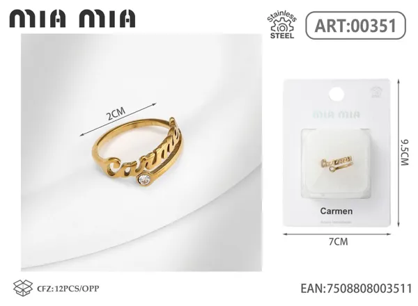 Anillo ajustable de acero inoxidable con nombre Carmen, color dorado