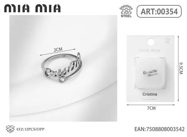 Anillo ajustable de acero inoxidable con nombre Cristina, color acero