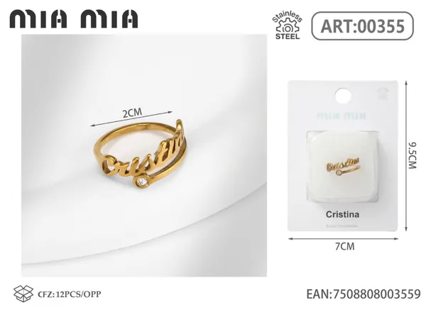Anillo ajustable de acero inoxidable con nombre Cristina, color dorado