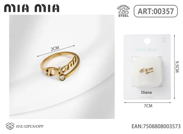 Anillo ajustable de acero inoxidable con nombre Diana, color dorado