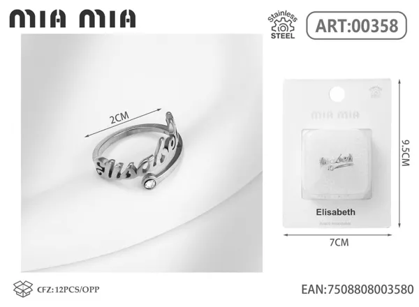 Anillo ajustable de acero inoxidable con nombre Elisabeth, color acero