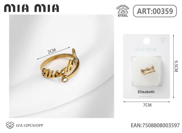 Anillo ajustable de acero inoxidable con nombre Elisabeth, color dorado