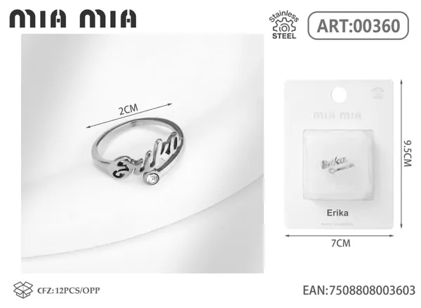 Anillo ajustable de acero inoxidable con nombre Erika, color acero