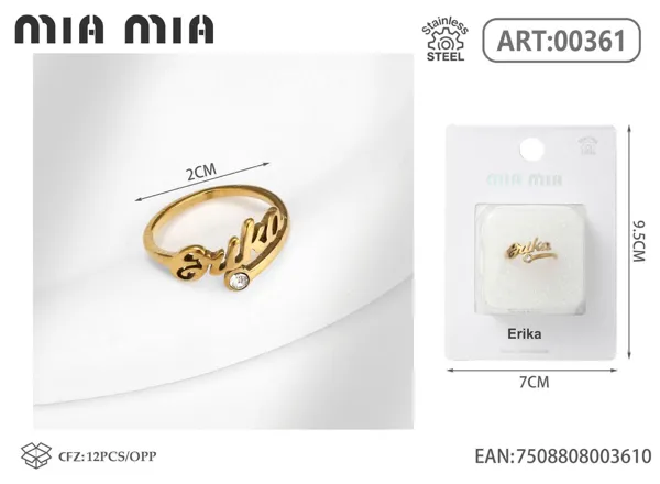 Anillo ajustable de acero inoxidable con nombre Erika, color dorado