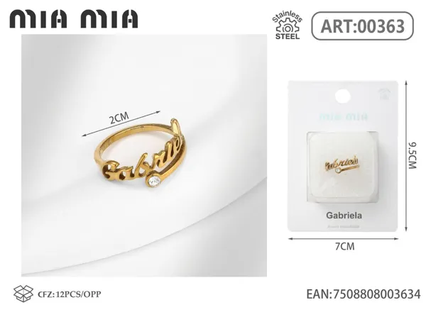 Anillo ajustable de acero inoxidable con nombre Gabriela, color dorado